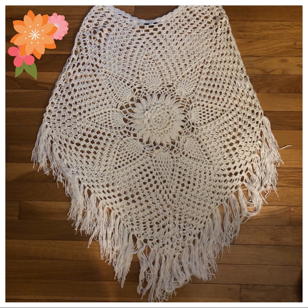 Crocheted White Pullover Poncho